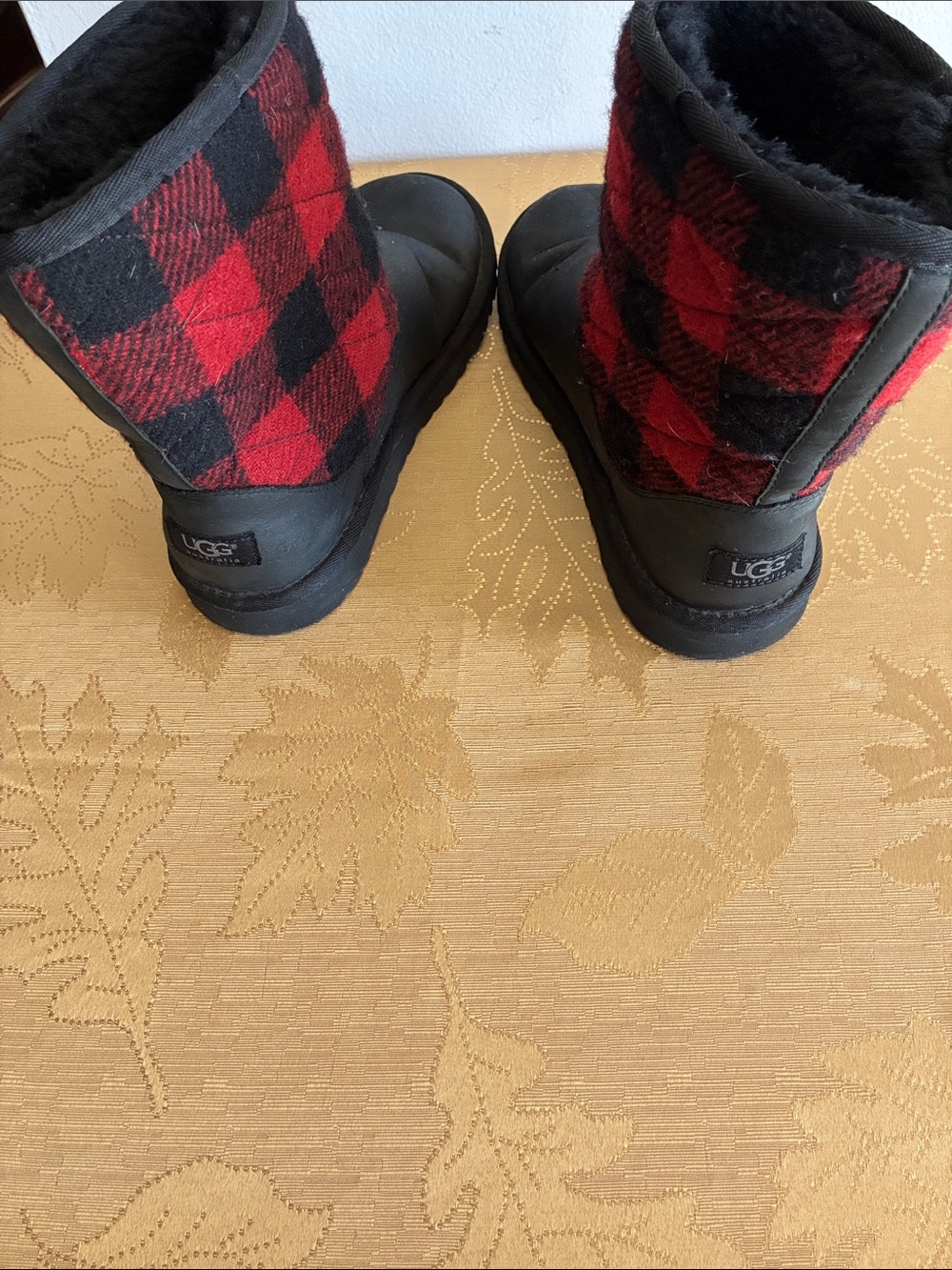 UGG Men’s Black Leather Boots with Red and Black Plaid Cuff